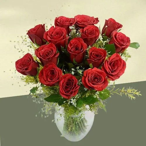 Special Red Roses with Greens in a Crystal Vase	