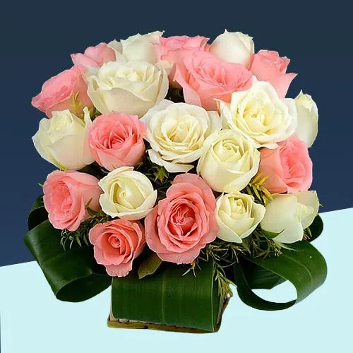 Bright Basket of White N Pink Roses with Fillers