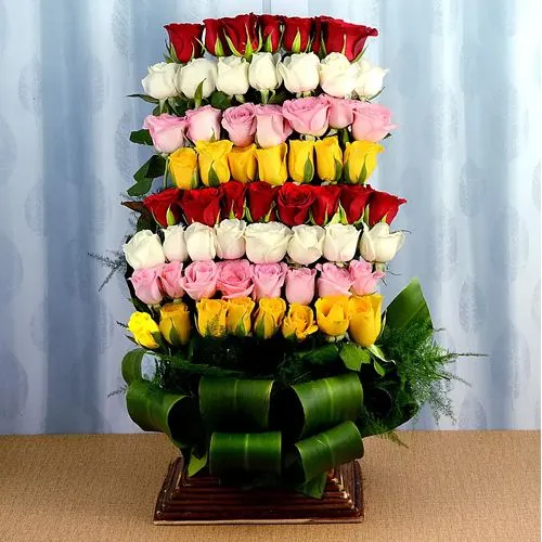 Charming Tall Basket Arrangement of Mixed Color Roses