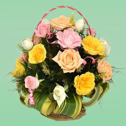 Exotic Round Basket of Mixed Roses N Greenery