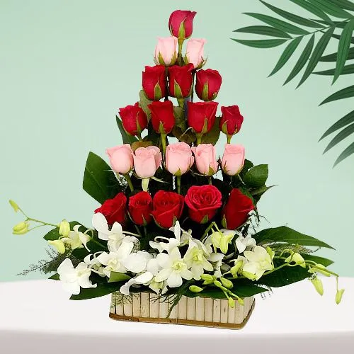 Cheerful Tall Basket Arrangement of Roses N Orchids