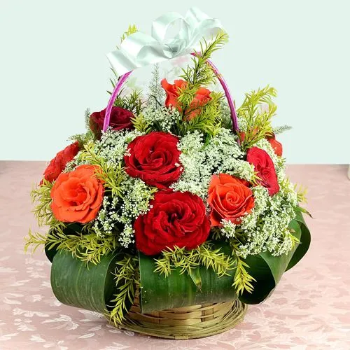 Unique Round Basket of Red N Orange Roses