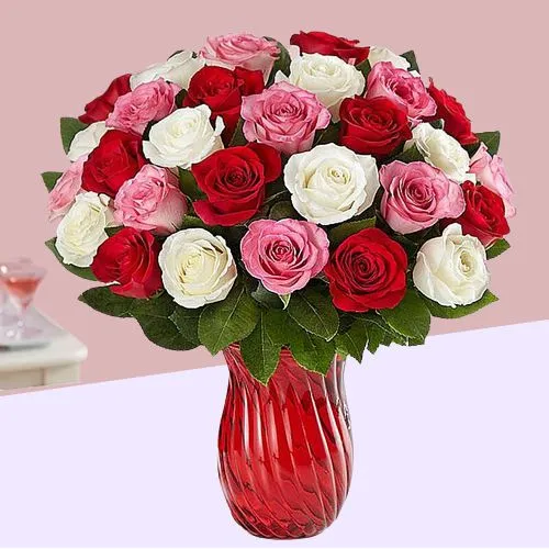 Glorious Display of Red White N Pink Roses in a Vase
