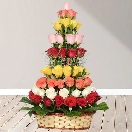 Joyful Collection of Mixed Roses in Tall Rounded Basket