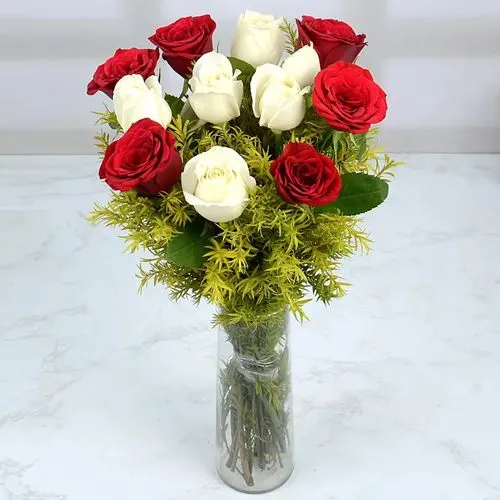Exotic Array of Red N White Roses in Vase