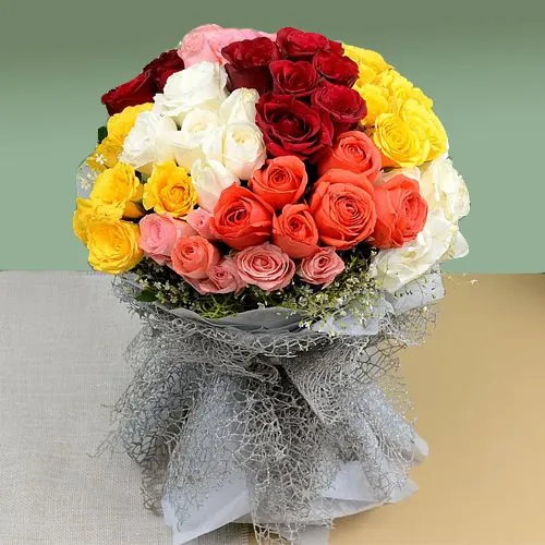 Designer Bunch of Mixed Roses tied with White Ribbon