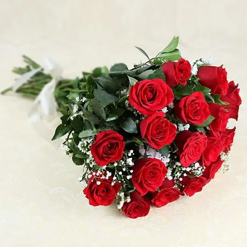 Glorious Long Stem Red Roses with Green Leaves Bouquet