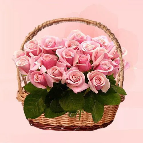 Classic Basket of Long Stem Pink Roses with Greens