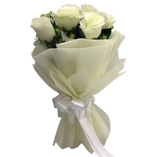 Elegant Bouquet of White Roses in White Tissue Wrap