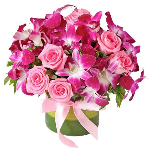 Dazzling Pink Roses with Purple Orchids Arrangement