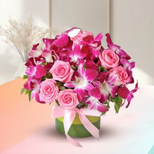 Dazzling Pink Roses with Purple Orchids Arrangement