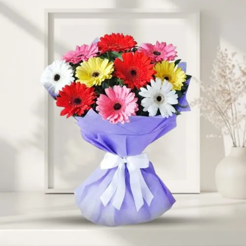 Graceful Mixed Gerberas Bouquet in Tissue Wrap