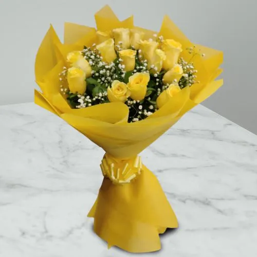 Fresh Yellow Rose with baby breath filler Tissue Wrapped Bouquet