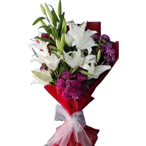 Gorgeous Tissue Wrapped Bouquet of White Asiatic Lily with Purple Chrysanthemum