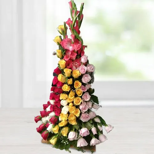 Brilliant Tall Arrangement of Assorted Roses N Gladiolus