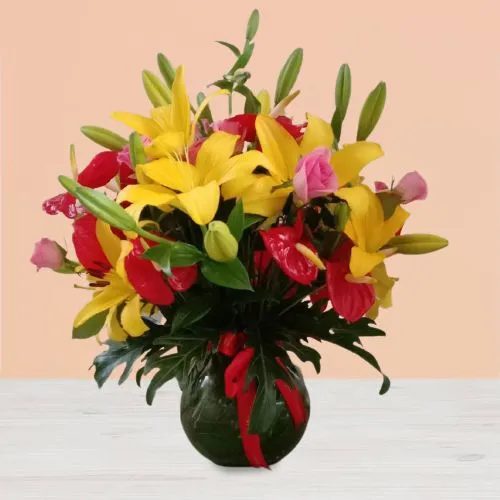 Eye Captivating Flowery Pot of Red Anthurium N Yellow Lily