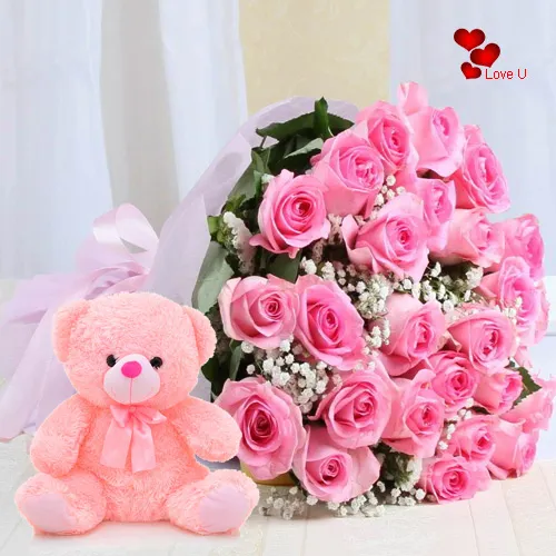 Order Online Pink Roses Bouquet N Teddy