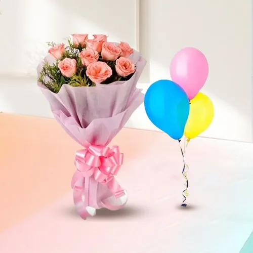 Lavish Love Bouquet of Pink Roses with Balloons