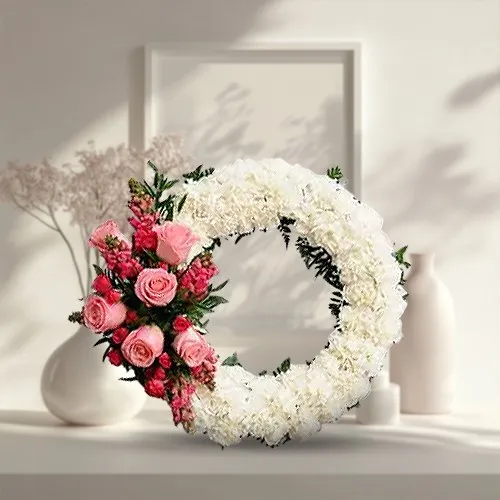 Order Wreath of White Carnations N Pink Roses