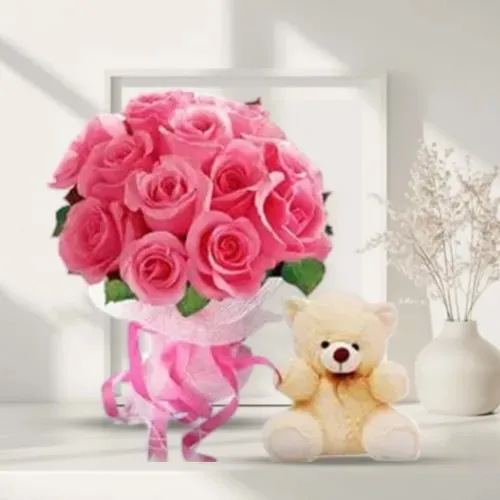 Sophisticated 12 Pink Roses Bouquet and Small Teddy Bear