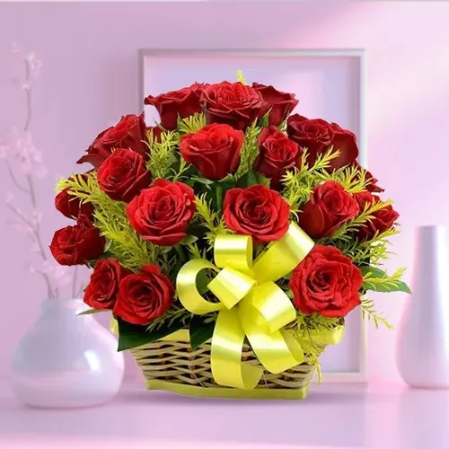 Enchanted Love of 18 Red Roses in a Basket