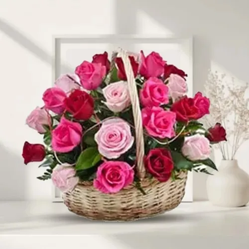 Dazzling Falling in Love Fifteen Pink N Red Roses Basket