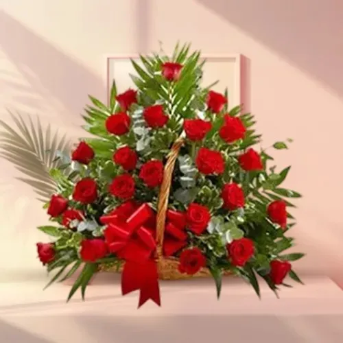 Beautiful Arrangement of Thirty Red Roses in a Basket