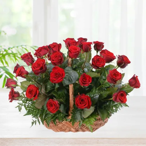 Radiant Presentation of Red Roses in a Basket