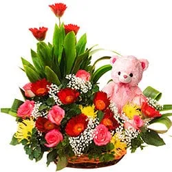 Passionate Basket of Gerbera N Roses with a Teddy
