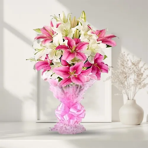 Elegant Looking Bouquet of 10 Pink & White Lilies