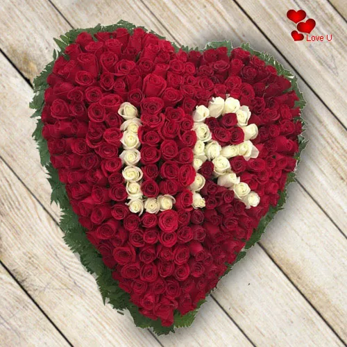 Comforting Red Rose Heart Shape Arrangement (Inscribed Alphabet as per choice)