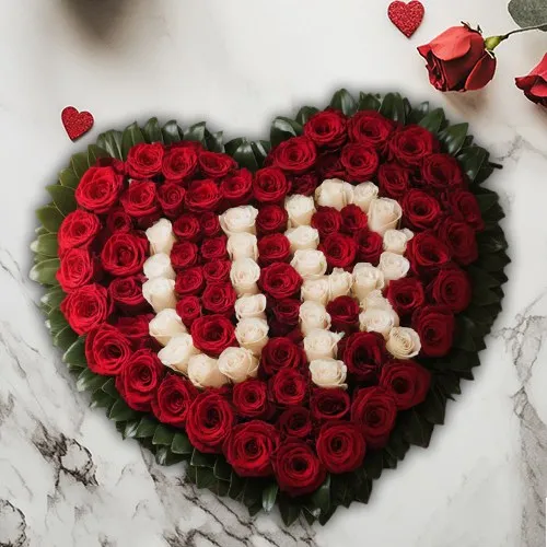 Comforting Red Rose Heart Shape Arrangement (Inscribed Alphabet as per choice)