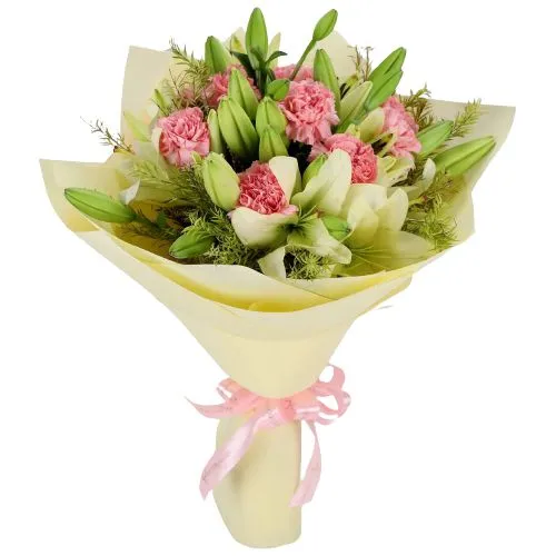 Brilliant Bouquet of White Lilies N Pink Carnations