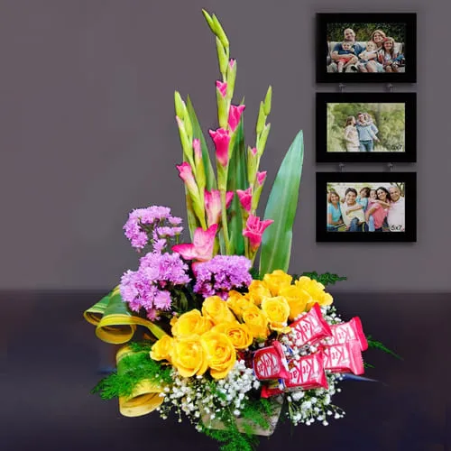 Jewel-Toned Display of Assorted Flowers with Chocolates