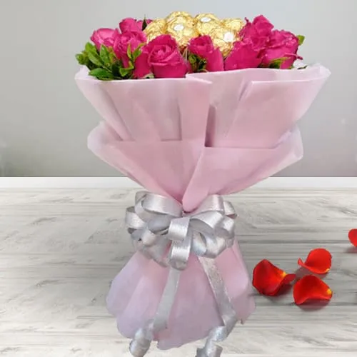 Jewel-Toned Red Roses N Ferrero Rocher Bouquet with Tissue Wrapping