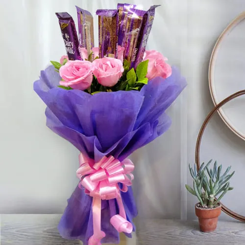 Gorgeous Pink Roses N Cadbury Dairy Milk Bouquet