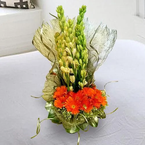 Classic Composition of White Rajnigandha with Orange Gerberas