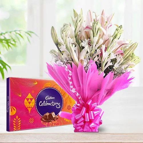 Exquisite Lilies N Gladiolus Bouquet with Cadbury Celebration Pack