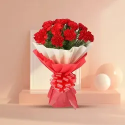 Now deliver this delicate Hand Bunch of Red Carnations in tissue