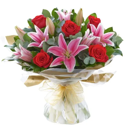 Charming Red Roses N Pink Lilies Bunch
