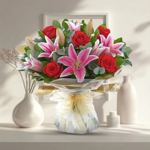 Charming Red Roses N Pink Lilies Bunch
