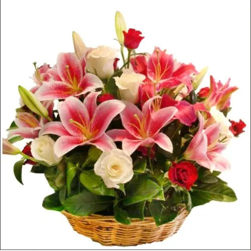 Charming Pink Roses N Pink Lilies Hand Bunch
