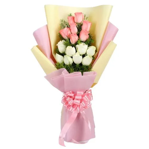 Lovely Pink and White Roses Bunch with Filler Flowers 
