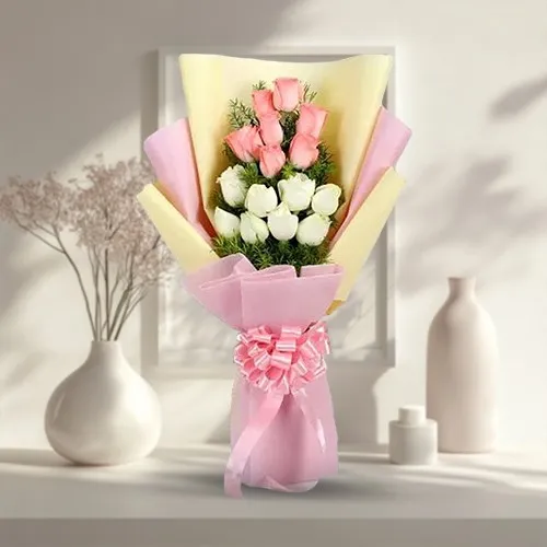 Lovely Pink and White Roses Bunch with Filler Flowers 
