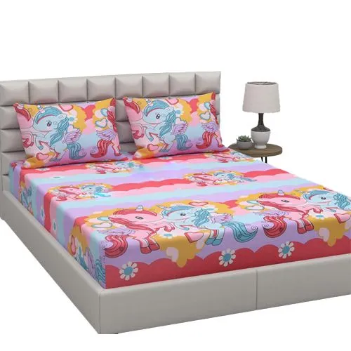 Trendy Unicorn Print Double Bed Sheet with Pillow Cover