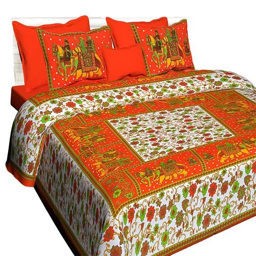 Designer Rajasthani Print Queen Size Bed Sheet N Pillow Cover Set