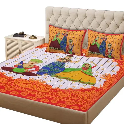Exclusive Rajasthani Print Queen Size Bed Sheet with Pillow Cover Set