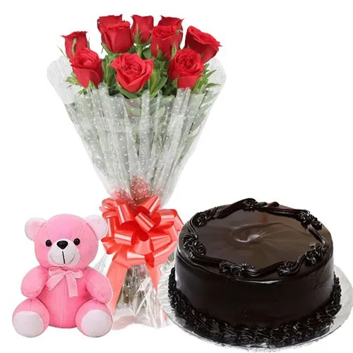 Bouquet of 10 Red Roses with 1 lb Chocolate Cake n a Cute Teddy