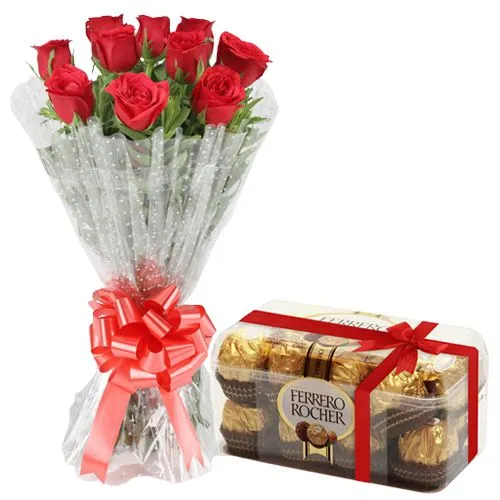 Bouquet of 10 Red Roses with a 16 pc Ferrero Rocher