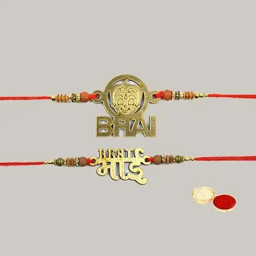 Charming Set of 2 Bhaiya Rakhi with Roli, Chawal n Card